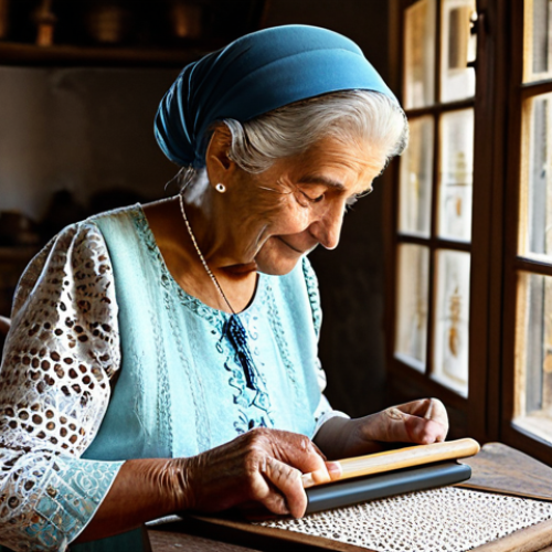A wise, elderly Portuguese woman, fully clothed in traditional modest attire, with well-formed hands, demonstrating intricate bobbin lace weaving in a rustic, sunlit atelier. Next to her, a young professional woman in appropriate dress observes attentively, holding a modern tablet that subtly displays delicate Portuguese filigree designs, symbolizing the bridge between past and present. The scene captures a delicate balance between ancestral craft and digital appreciation. Rich textures, authentic atmosphere, natural pose, perfect anatomy, correct proportions, proper finger count, natural body proportions, professional photography, high quality, safe for work, appropriate content, family-friendly.