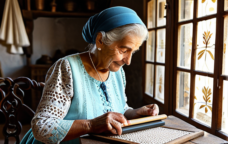 A wise, elderly Portuguese woman, fully clothed in traditional modest attire, with well-formed hands, demonstrating intricate bobbin lace weaving in a rustic, sunlit atelier. Next to her, a young professional woman in appropriate dress observes attentively, holding a modern tablet that subtly displays delicate Portuguese filigree designs, symbolizing the bridge between past and present. The scene captures a delicate balance between ancestral craft and digital appreciation. Rich textures, authentic atmosphere, natural pose, perfect anatomy, correct proportions, proper finger count, natural body proportions, professional photography, high quality, safe for work, appropriate content, family-friendly.