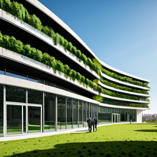 Home 6 Sustainable Business in Portugal**
"A modern, eco-friendly office building in Lisbon, Portugal, featuring solar panels and lush greenery. Business professionals are seen working inside, collaborating on sustainable initiatives. The image should convey innovation and environmental responsibility. Appropriate attire, professional setting, safe for work, perfect anatomy, natural proportions, high quality."
**