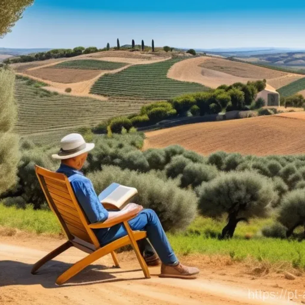 사회적 트렌드와 문화 - A serene scene capturing the essence of digital detox in a rural Portuguese landscape. An adult, wea...