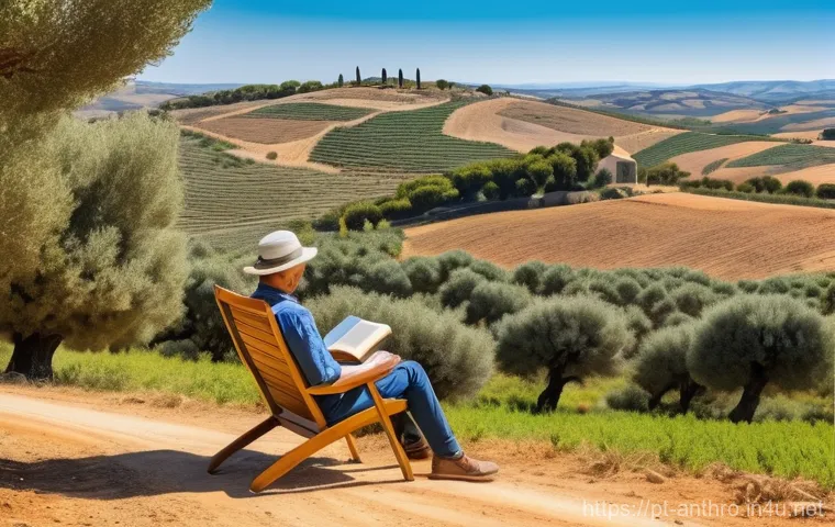 사회적 트렌드와 문화 - A serene scene capturing the essence of digital detox in a rural Portuguese landscape. An adult, wea...