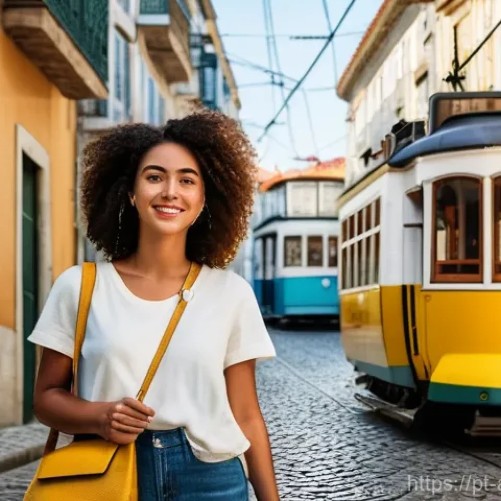 사회적 정체성 형성 - **Prompt:** A young Portuguese man or woman, in their early 20s, stands on a charming, cobblestone s...