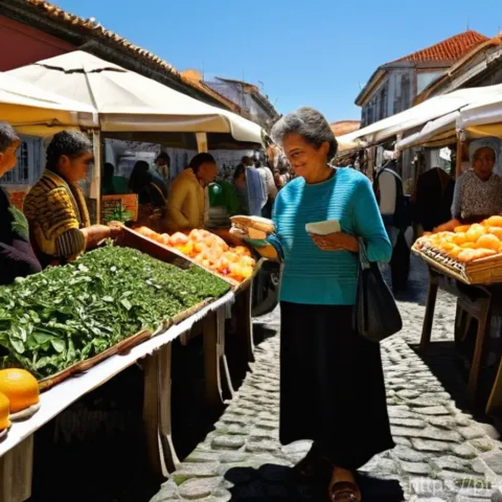 전통과 현대 경제 시스템 - **Prompt: A bustling and vibrant Portuguese *feira* (local market) scene, brimming with life and aut...