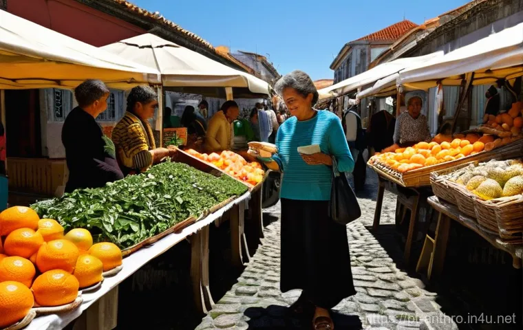 전통과 현대 경제 시스템 - **Prompt: A bustling and vibrant Portuguese *feira* (local market) scene, brimming with life and aut...