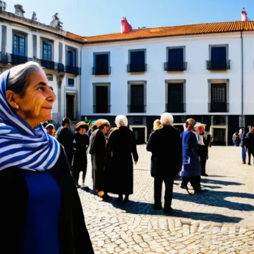Home 26 문화 인류학과 정치학 - **Prompt:** "A vibrant, panoramic view of a bustling Portuguese city square, reminiscent of Lisbon, ...