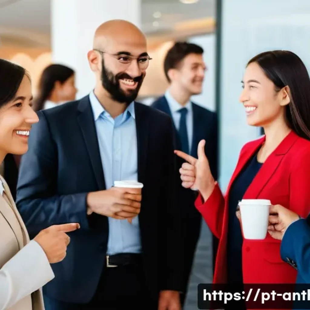 문화 간 갈등 - **A diverse group of adults at an international conference coffee break.** The scene captures people...