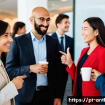 문화 간 갈등 - **A diverse group of adults at an international conference coffee break.** The scene captures people...