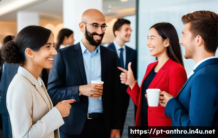 문화 간 갈등 - **A diverse group of adults at an international conference coffee break.** The scene captures people...