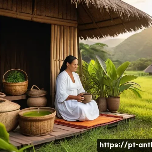 보건과 문화인류학 - A vibrant rural Brazilian healing scene at sunset, featuring a middle-aged woman wearing modest trad...