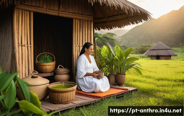 보건과 문화인류학 - A vibrant rural Brazilian healing scene at sunset, featuring a middle-aged woman wearing modest trad...