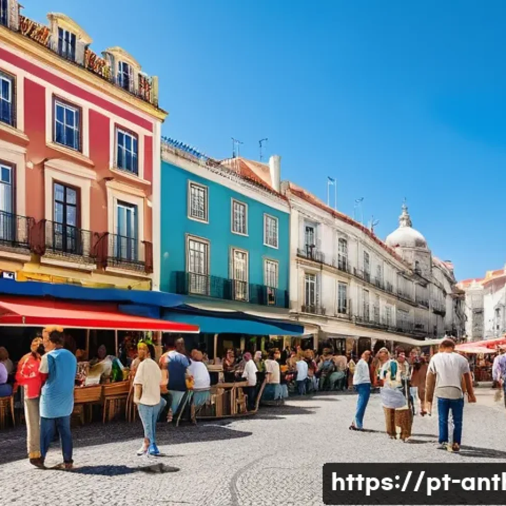 문화의 경제적 측면 - A vibrant urban public square in Lisbon, Portugal, bustling with a diverse crowd attending an open-a...