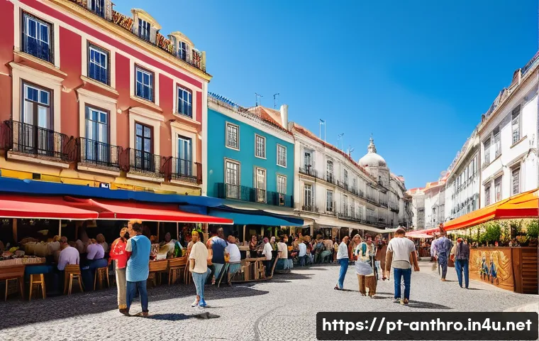 문화의 경제적 측면 - A vibrant urban public square in Lisbon, Portugal, bustling with a diverse crowd attending an open-a...