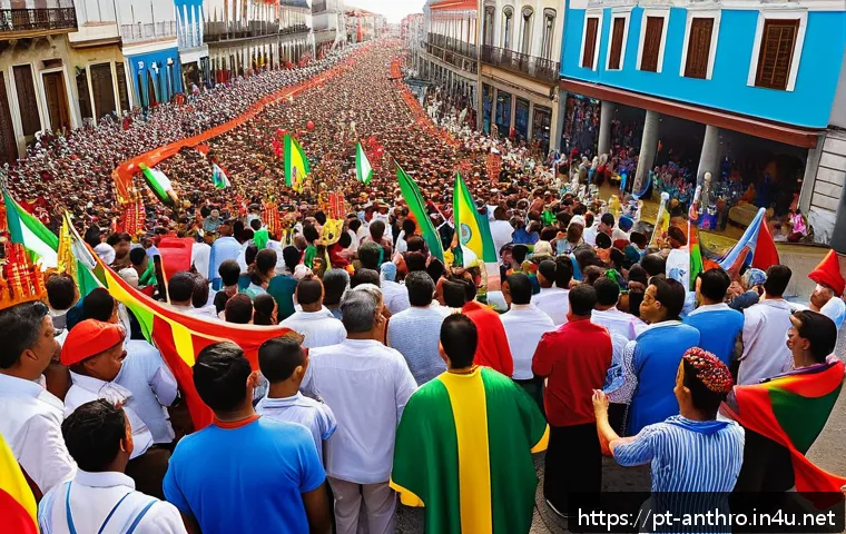 문화와 종교의 상호작용 - A vibrant Brazilian street festival scene during the Círio de Nazaré celebration, featuring thousand...