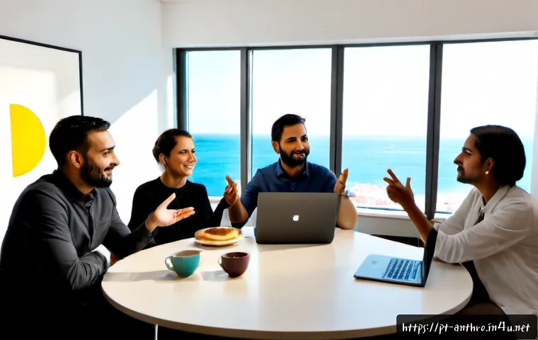 Home 30 문화 간 커뮤니케이션 - Photorealistic multicultural business meeting in a bright modern Lisbon coworking space, Portuguese-...