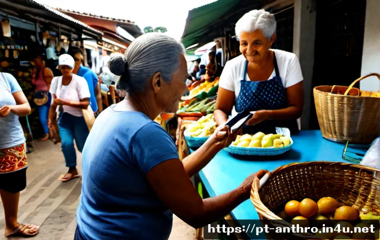 Home 17 문화 변화의 요인 - Photorealistic documentary-style scene in a lively São Paulo community market, an elderly Brazilian ...