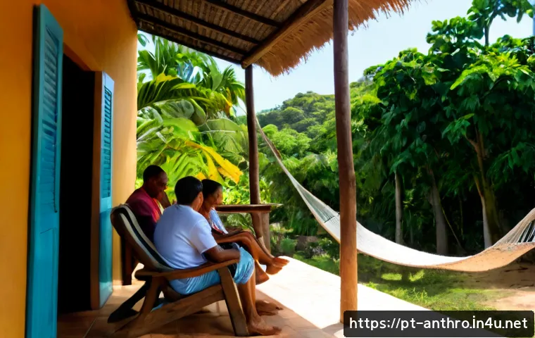 기후와 문화적 적응 - Photorealistic wide scene in coastal northeastern Brazil showing cultural adaptation to a hot tropic...